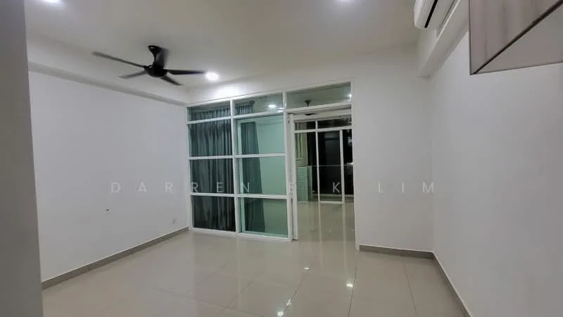 Living features: white painted walls, glossy tile flooring, 5-blade ceiling fan with light, floor-to-ceiling glass sliding door, curtains, recessed LED downlights, air conditioning unit, open layout; style: modern.