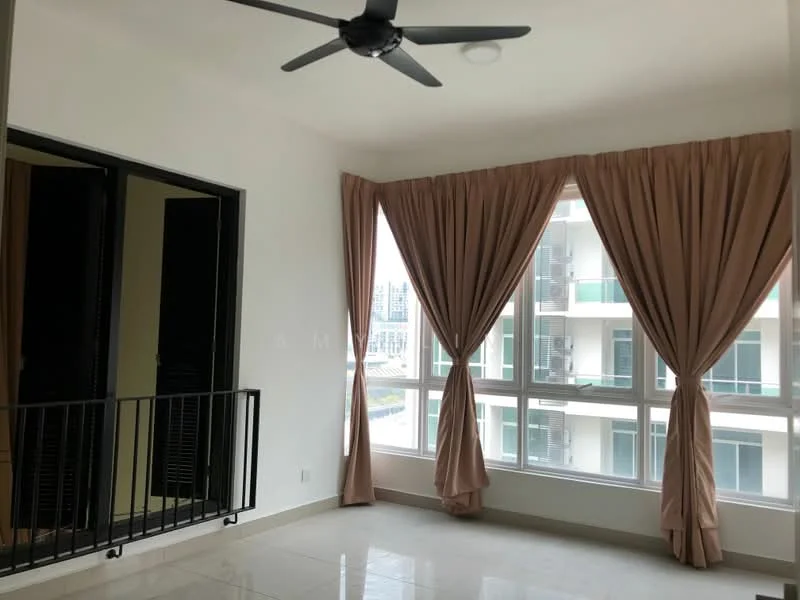 Room features: floor-to-ceiling windows, balcony access, cream curtains, ceiling fan, white painted walls, marble tile flooring, natural light, black railing; style: modern; view: city.