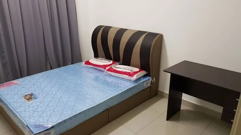 Bedroom features: queen-size bed with upholstered headboard, blue mattress, two decorative pillows, brown bedside table, grey curtains, white painted walls, glossy tile flooring; style: modern.