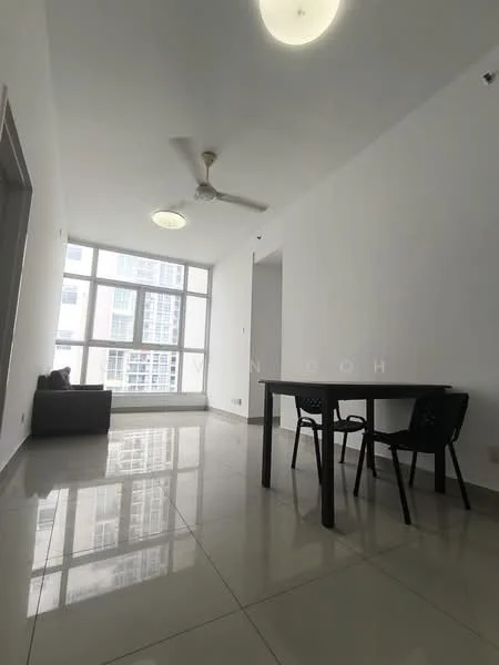 Living features: white painted walls, glossy tile flooring, 5-blade ceiling fan, recessed ceiling lights, large floor-to-ceiling windows, sofa in dark fabric, dining table with black chairs; style: modern; view: city.