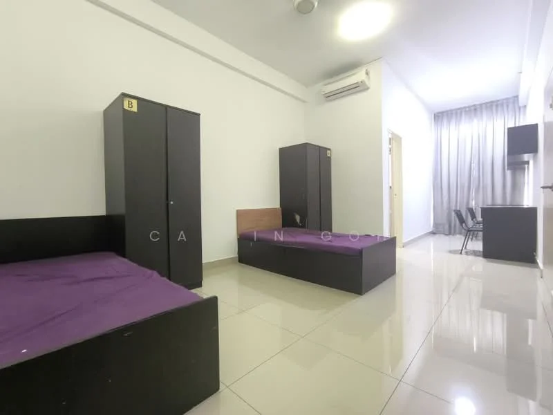 Room features: two single beds with purple bedding, two black wardrobes, white painted walls, glossy tile flooring, air conditioning unit, curtains, study desk with chair, door leading to hallway; style: modern.