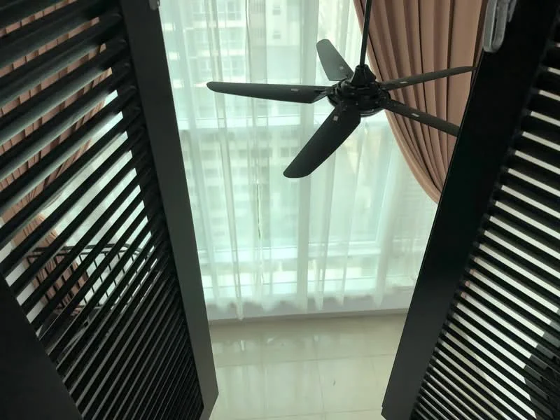 Room features: ceiling fan, floor-to-ceiling windows, sheer curtains, black wooden louvered doors, glossy tile flooring; style: modern; view: city.