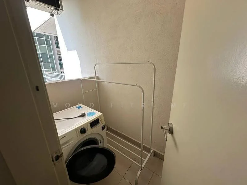 Laundry features: front-load washing machine, clothes drying rack, tile flooring, white painted walls, window for natural light, door leading to hallway.