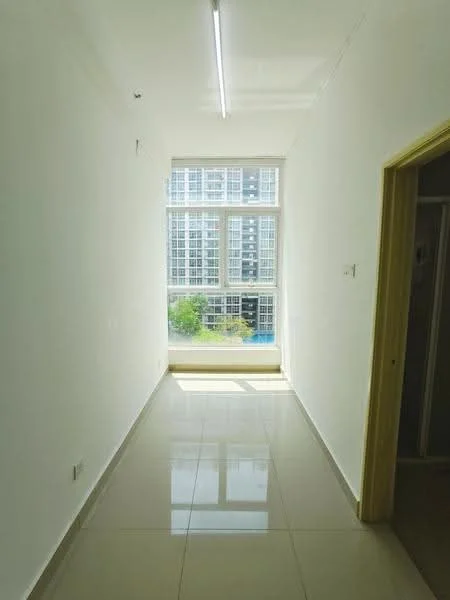 Room features: white painted walls, glossy ceramic tile flooring, large window with city view, natural light from window, neutral color scheme, ceiling lights, doorway leading to another room; style: modern; view: city.
