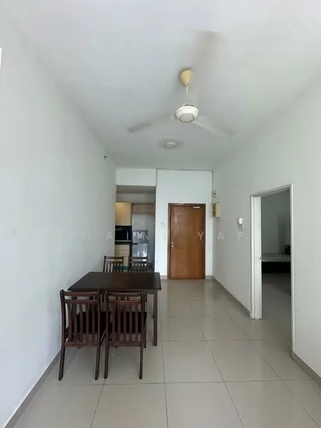 Dining features: dining table with four chairs, white painted walls, tile flooring, ceiling fan, door leading to hallway, door leading to kitchen, natural light from window, neutral decor; style: minimalist. Room features: white painted walls, tile flooring, door leading to living area, natural light from window.