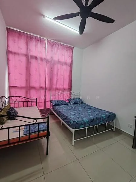 Bedroom features: two beds, one bed with blue floral bedding, one bed with orange bedding, pink sheer curtains, white painted walls, ceiling fan, tile flooring, window with natural light.
