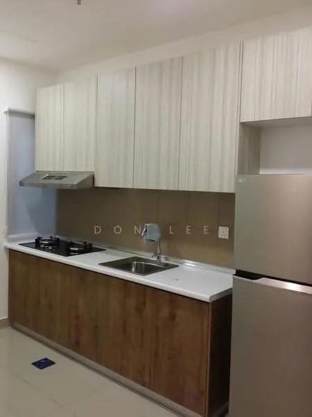 Kitchen features: laminate cabinetry with wood finish, white countertop, stainless-steel sink, chrome pull-down faucet, built-in gas hob with 2 burners, stainless-steel range hood, stainless-steel fridge, cream tiled backsplash, light-colored walls, tile flooring; style: modern.