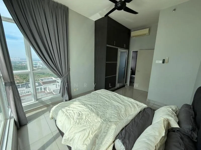 Bedroom features: king-size bed with white bedding, upholstered headboard, floor-to-ceiling windows, grey curtains, light grey painted walls, built-in wardrobe with sliding doors, ceiling fan, air conditioning unit, tile flooring, decorative wall paneling; style: modern; view: city.