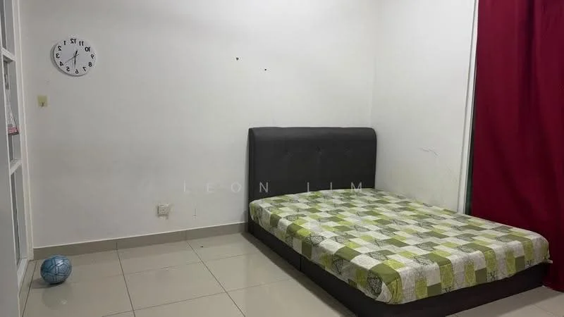 Bedroom features: queen-size bed with upholstered headboard, green and white patterned bedspread, white painted walls, glossy tile flooring, red curtain, wall clock, soccer ball, no visible closet or storage; style: minimalist.