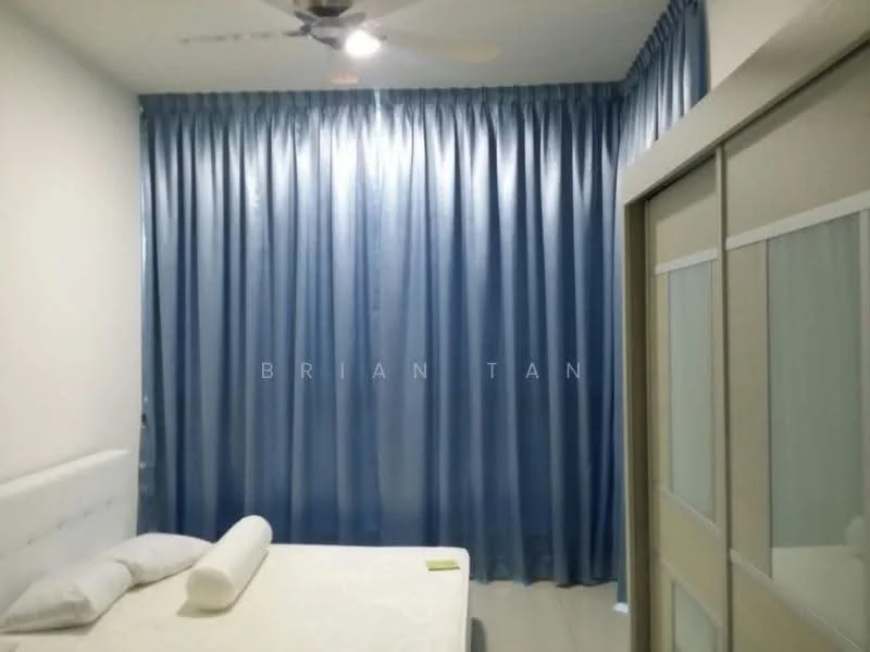 Bedroom features: white upholstered bed frame, mattress on bed, blue floor-to-ceiling curtains, ceiling fan, sliding wardrobe with glass panels, cream wall, tile flooring; style: modern.