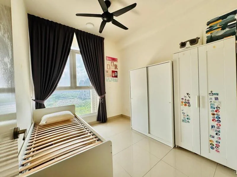 Bedroom features: single bed frame without mattress, black ceiling fan, floor-to-ceiling window, black curtains, light-colored walls, tile flooring, white wardrobe with sliding doors, decorative wall stickers, view of city skyline; style: modern; view: city.