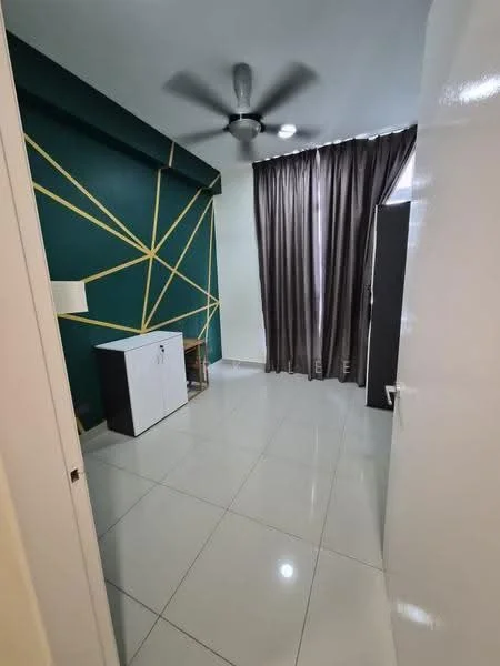 Room features: green accent wall with geometric pattern, white cabinet, grey curtains, floor-to-ceiling window, white tiled flooring, ceiling fan, light source from window, wooden chair; style: modern.
