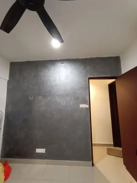 Room features: grey accent wall, white painted walls, tile flooring, ceiling fan, doorway leading to another room, light fixture.