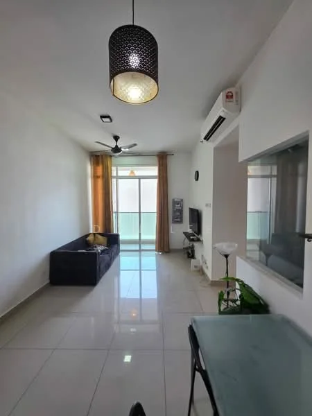 Living features: grey fabric sofa, coffee table, wall-mounted TV, floor-to-ceiling windows, sheer curtains, white painted walls, polished tile flooring, 5-blade ceiling fan with light, wall-mounted air conditioning unit, decorative floor lamp; style: modern.