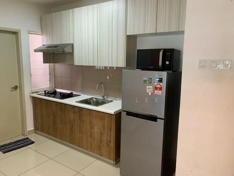 Kitchen features: wood cabinetry, white countertop, stainless-steel sink, chrome pull-down faucet, built-in oven, 4-burner gas hob, stainless-steel range hood, stainless-steel fridge, microwave, tile backsplash, ceramic tile flooring, wall-mounted cabinets, open shelving; style: modern.