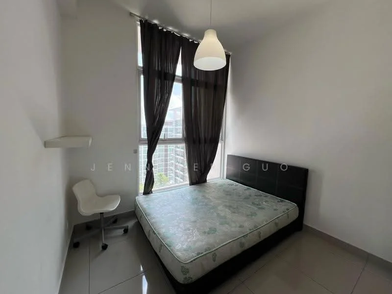 Bedroom features: queen-size bed, white bedding with green floral pattern, floor-to-ceiling window, black bed frame, white chair, white pendant light, grey tiled flooring, black curtains; style: modern; view: city.