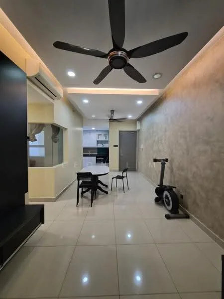 Living features: white painted walls, grey accent wall, polished tile flooring, 5-blade ceiling fan with light, recessed LED downlights, wall-mounted air conditioning unit, open layout, dining table with four chairs, exercise bike, black TV console; style: modern.