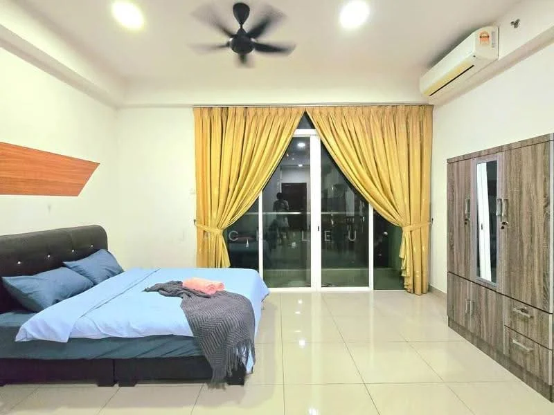 Bedroom features: king-size bed, upholstered headboard, blue bedding, 2 bedside pillows, ceiling fan, wall-mounted air conditioning unit, sliding glass door, floor-to-ceiling curtains in yellow, tile flooring, wooden wardrobe with mirrored doors, decorative wall panel, natural light from sliding door; style: modern.