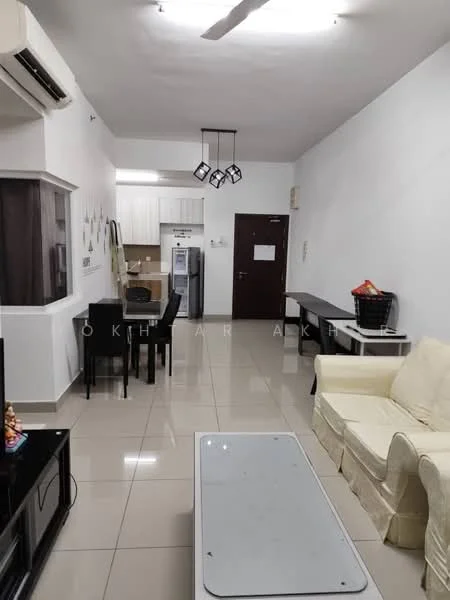 Living features: white painted walls, glossy ceramic tile flooring, 5-blade ceiling fan with light, sofa in cream fabric, coffee table, TV console, wall-mounted TV, dining table with black chairs, refrigerator, kitchen cabinetry visible in background, open layout, decorative wall art, window with natural light; style: modern.