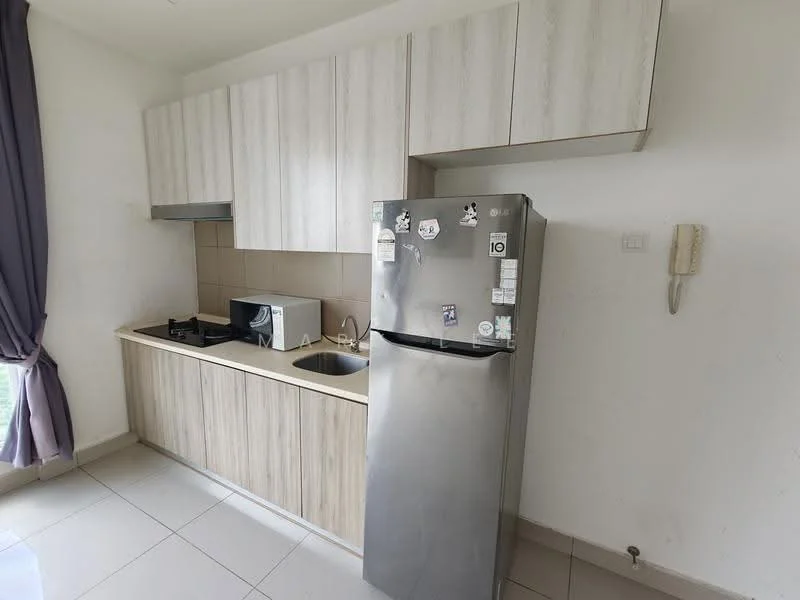 Kitchen features: light wood cabinetry, grey tiled backsplash, stainless-steel fridge, built-in microwave, single-bowl stainless-steel sink, chrome pull-down faucet, gas stove, white walls, grey floor tiles, curtains in purple, wall-mounted intercom; style: modern.
