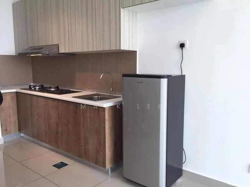 Kitchen features: laminate cabinetry in wood finish, grey countertop, stainless-steel sink, chrome pull-down faucet, built-in gas hob, stainless-steel range hood, fridge, ceramic tile flooring, wall tiles in brown, under-cabinet lighting; style: modern.