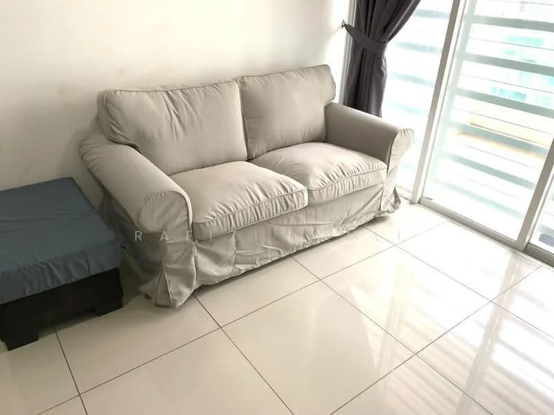 Living features: beige fabric sofa, white painted walls, glossy white tile flooring, floor-to-ceiling windows, sheer curtains, grey throw blanket on sofa, small dark wood side table; style: modern.