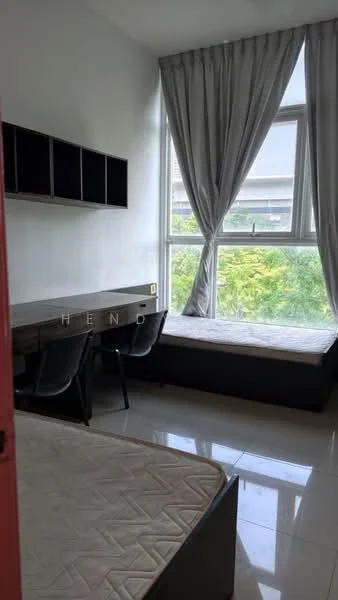 Bedroom features: two single beds, large window with view, grey curtains, white painted walls, glossy tile flooring, study desk, two black chairs, wall-mounted shelves; style: modern; view: garden.