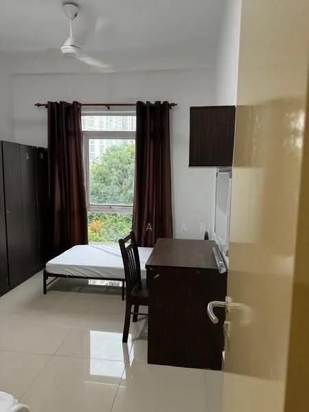 Bedroom features: white painted walls, glossy tile flooring, single bed, wooden study desk, wooden chair, built-in wardrobe, floor-to-ceiling window, brown curtains, ceiling fan; style: modern; view: garden.