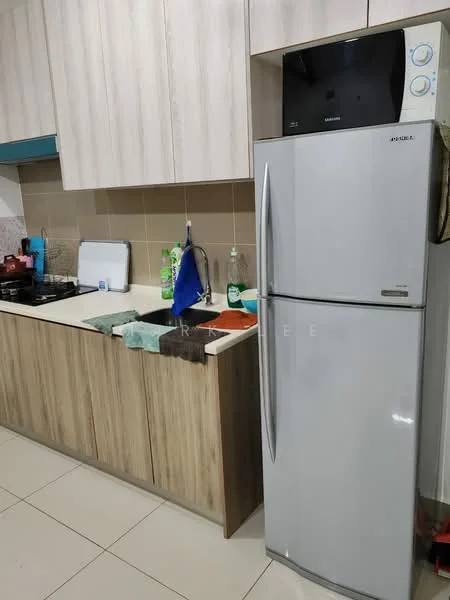 Kitchen features: light wood cabinetry, white countertop, double-bowl stainless-steel sink, chrome pull-down faucet, built-in gas stove, stainless-steel fridge, microwave, tile backsplash, ceramic tile flooring; style: modern.