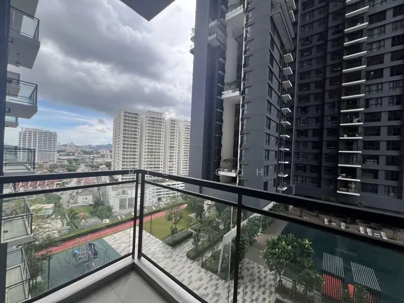 Balcony features: glass railing, grey tiled flooring, view of city skyline, view of landscaped garden, attached to living room, overlooking swimming pool, access from sliding glass door; style: modern; view: city.