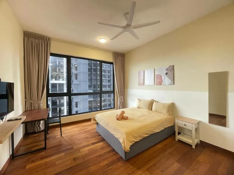 Bedroom features: king-size bed with beige bedding, upholstered headboard, wooden flooring, 5-blade ceiling fan with light, floor-to-ceiling windows, sheer curtains, wall-mounted TV, wooden desk, nightstand with drawer, framed artwork on wall, decorative mirror; style: modern; view: city.