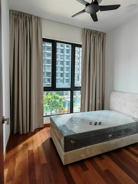 Bedroom features: queen-size bed, upholstered bed frame, floor-to-ceiling window, sheer curtains, dark wood flooring, ceiling fan, decorative wall, natural light, view of greenery; style: modern; view: garden.
