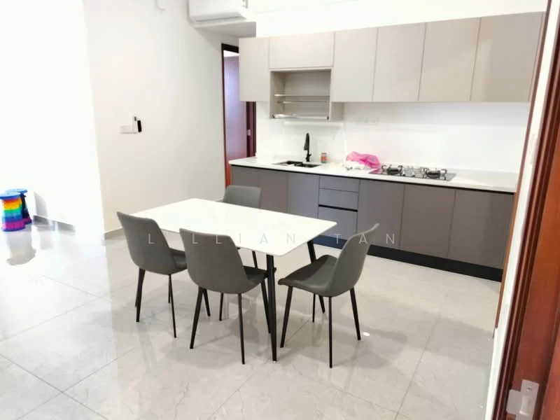 Kitchen features: white cabinetry, grey countertop, stainless-steel sink, chrome pull-down faucet, built-in gas stove, built-in oven, refrigerator, 4 dining chairs, dining table with white top, grey tile flooring, wall-mounted split AC, open shelving, light-colored walls, pendant lighting; style: modern.