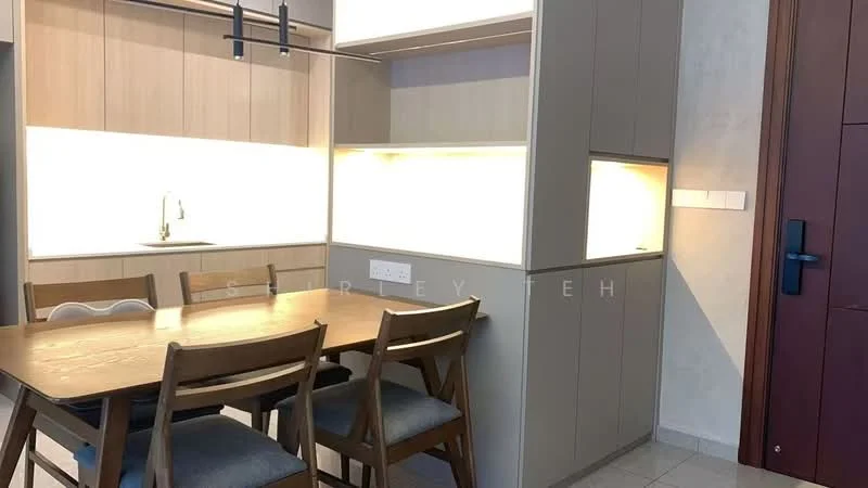 Dining features: wooden dining table, 4 wooden dining chairs, light-colored cabinetry, under-cabinet lighting, stainless-steel sink, chrome faucet, neutral wall color, tile flooring, open shelving, built-in cabinetry; style: modern.