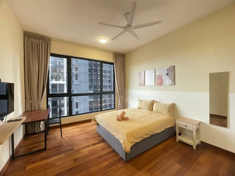 Bedroom features: king-size bed with grey bedding, wooden flooring, floor-to-ceiling windows, sheer curtains, 5-blade ceiling fan, wall-mounted TV, wooden desk, nightstand with drawer, decorative wall art, mirror, light-colored painted walls; style: modern; view: city.
