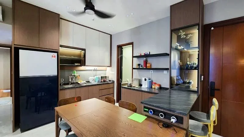 Kitchen features: black refrigerator, built-in oven, stainless-steel sink, chrome pull-down faucet, black countertop, wood cabinetry, open shelving, dining table with wooden surface, 4 wooden chairs, ceiling fan, wall-mounted storage, kettle, microwave; style: modern.