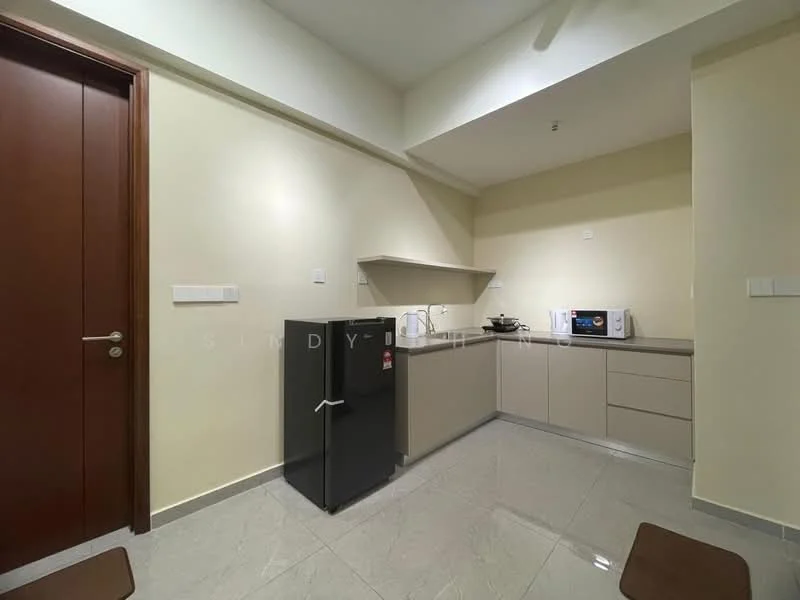 Kitchen features: light beige cabinetry, grey countertop, black refrigerator, built-in microwave, stainless-steel sink, single-bowl stainless-steel sink, ceramic tile flooring, white painted walls, wall-mounted light fixture; style: modern.