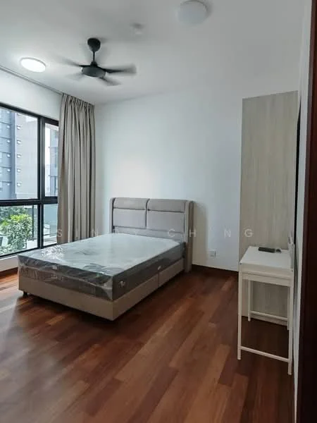 Bedroom features: queen-size bed, upholstered headboard, wooden flooring, 5-blade ceiling fan, floor-to-ceiling windows, sheer curtains, nightstand, decorative wall, built-in wardrobe; style: modern; view: garden.