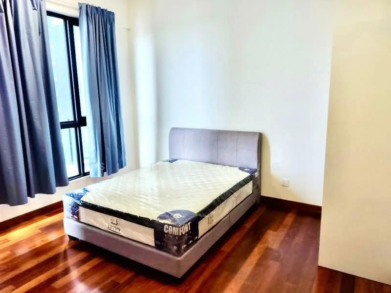 Bedroom features: queen-size bed with grey upholstered frame, wooden flooring, white painted walls, floor-to-ceiling window, blue curtains, nightstand, built-in wardrobe; style: modern.