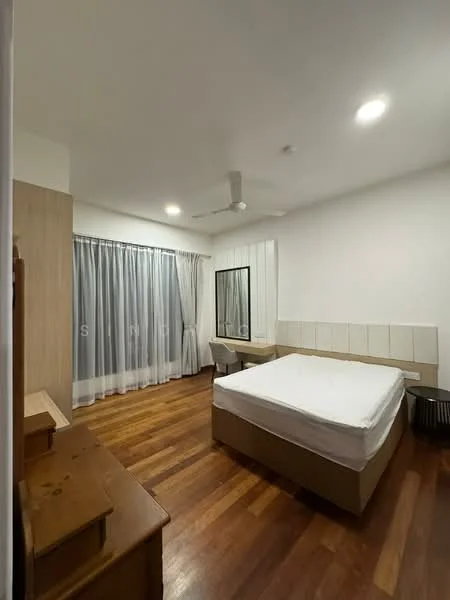 Bedroom features: queen-size bed, wooden flooring, white painted walls, ceiling fan, floor-to-ceiling windows, sheer curtains, built-in wardrobe, study desk, decorative mirror; style: modern.
