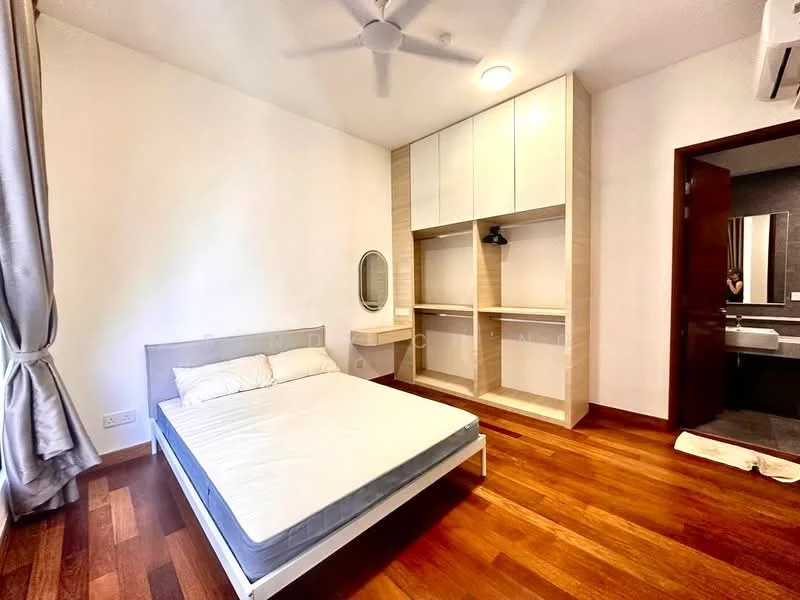 Bedroom features: queen-size bed, wooden flooring, built-in wardrobe with white cabinetry, wall-mounted mirror, ceiling fan, recessed lighting, curtains, neutral wall color; style: modern.