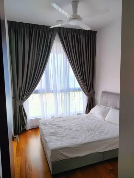Bedroom features: king-size bed, upholstered headboard, floor-to-ceiling windows, sheer curtains, blackout curtains, 5-blade ceiling fan, wooden flooring, decorative wall, natural light, neutral wall color; style: modern; view: garden.