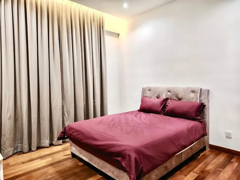 Bedroom features: king-size bed with upholstered headboard, plush burgundy bedding, floor-to-ceiling curtains in light beige, wooden flooring, recessed lighting, white painted walls, nightstand, decorative wall art; style: modern.