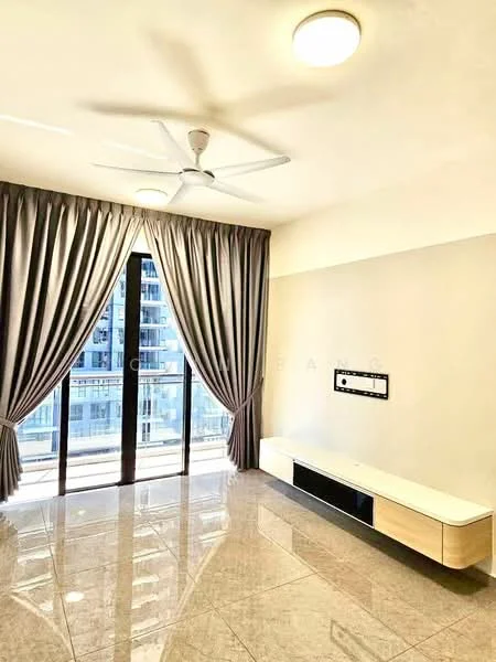 Living features: 5-blade ceiling fan with light, floor-to-ceiling windows, sliding glass door, grey curtains, white wall-mounted TV console, polished tile flooring, neutral wall colour, natural light from windows; style: modern; view: city.