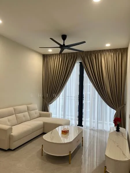 Living features: 3-seater fabric sofa in white, marble coffee table, floor-to-ceiling windows, sheer curtains, blackout curtains, 5-blade ceiling fan, light-colored walls, tile flooring, decorative plant, wall-mounted console; style: modern.