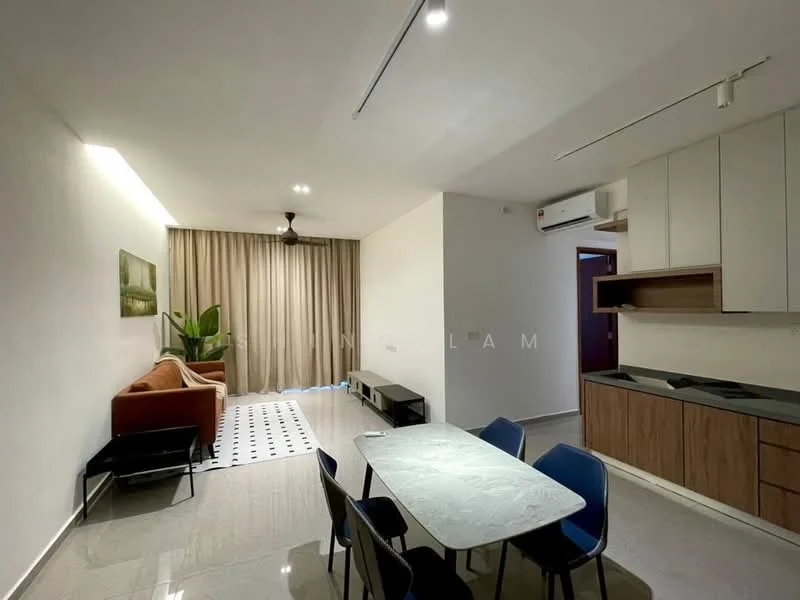 Living features: 3-seater fabric sofa in orange, black coffee table, area rug with geometric pattern, floor-to-ceiling windows with sheer curtains, 5-blade ceiling fan with light, recessed downlights, wall-mounted TV, open shelving unit, dining table with 6 blue chairs, grey tiled flooring, white painted walls; style: modern. Kitchen features: black countertop, wood cabinetry, built-in appliances, single-bowl stainless-steel sink, chrome pull-down faucet; style: modern.