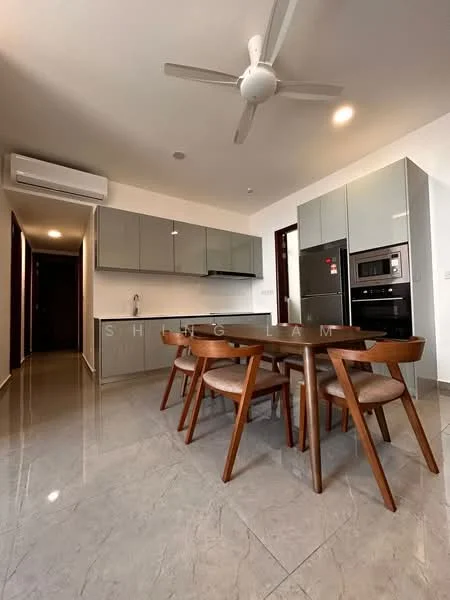 Kitchen features: grey flat-panel cabinets, stainless-steel sink, chrome pull-down faucet, built-in oven, freestanding range oven, stainless-steel refrigerator, marble tile flooring, 5-blade ceiling fan with light, recessed LED downlights, dining table with 6 wooden chairs, open layout, wall-mounted split AC; style: modern.