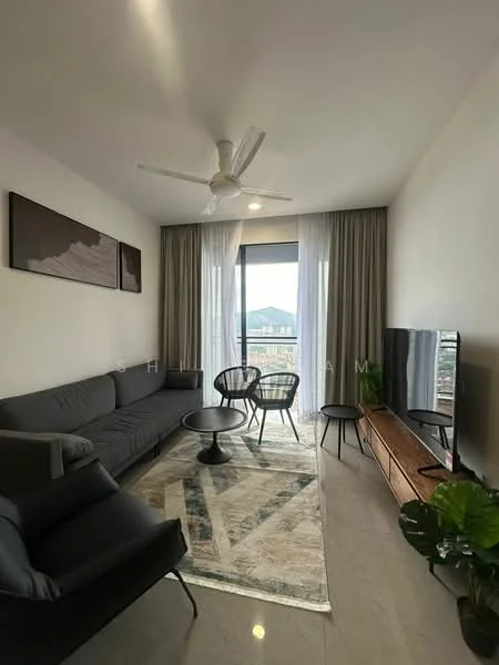 Living features: 3-seater fabric sofa in grey, 2 black rattan chairs, round coffee table, TV console with wooden finish, wall-mounted TV, area rug with geometric pattern, floor-to-ceiling windows, sheer curtains, ceiling fan with light, decorative plant in ceramic pot, mountain view from window, light grey walls, polished tile flooring; style: modern; view: mountain.