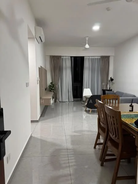 Living features: grey fabric sofa, wooden dining table, wooden dining chairs, recessed downlights, 5-blade ceiling fan, floor-to-ceiling windows, sheer curtains, marble tile flooring, decorative plant in pot, TV console, wall-mounted TV; style: modern. Room features: white painted walls, air conditioning unit.