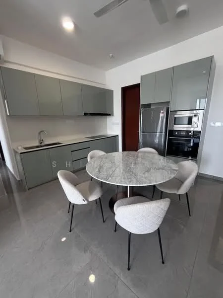 Kitchen features: grey cabinetry, marble countertop, stainless-steel sink, chrome pull-down faucet, built-in oven, stainless-steel fridge, ceramic tile flooring, recessed downlights, 5-blade ceiling fan, round dining table, 4 upholstered dining chairs; style: modern.